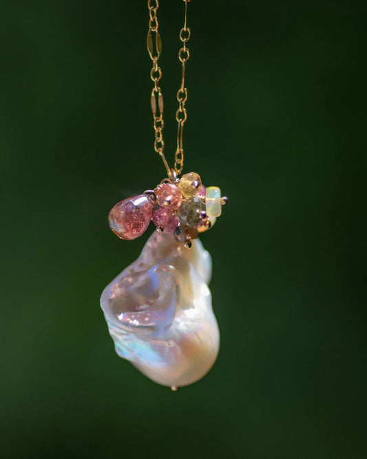 Large Baroque Pearl & Gemstone Cluster Chain Necklace