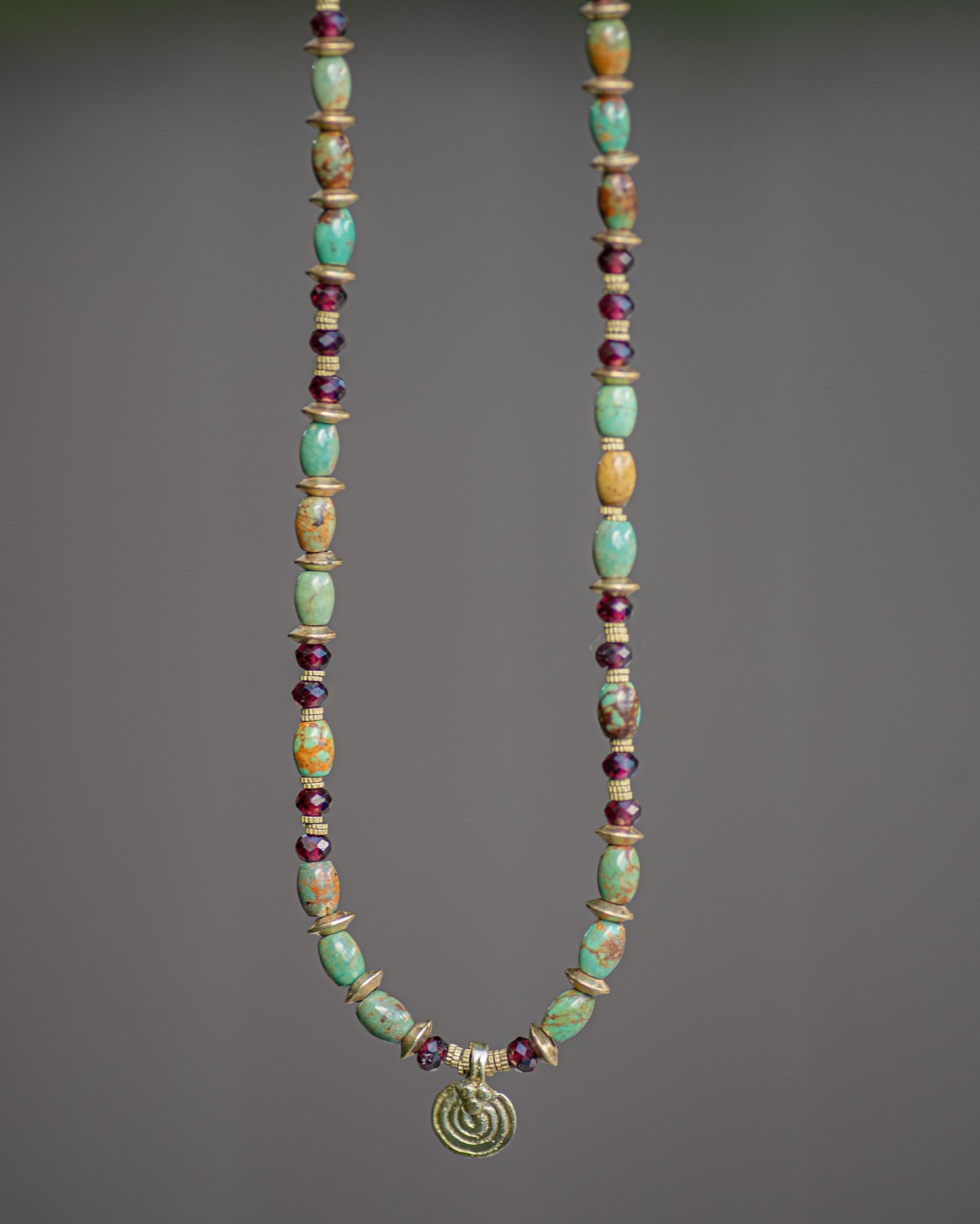 Turquoise & Garnet Brass Beaded Necklace