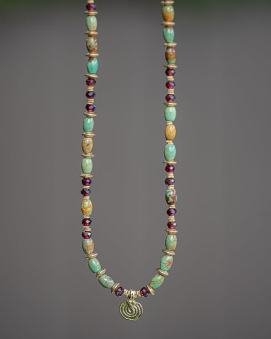 Turquoise & Garnet Brass Beaded Necklace
