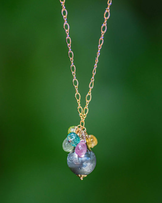 Tahitian Pearl Pendant Necklace with Sapphire Gemstone Cluster