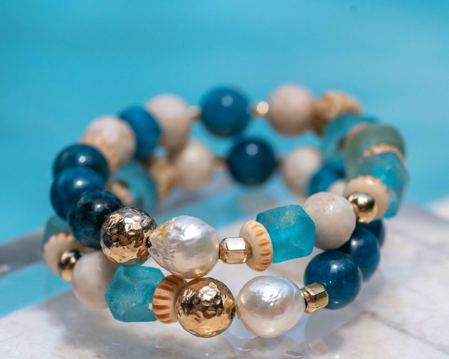 Apatite & Pearl Aqua Glass Beaded Bracelet Single