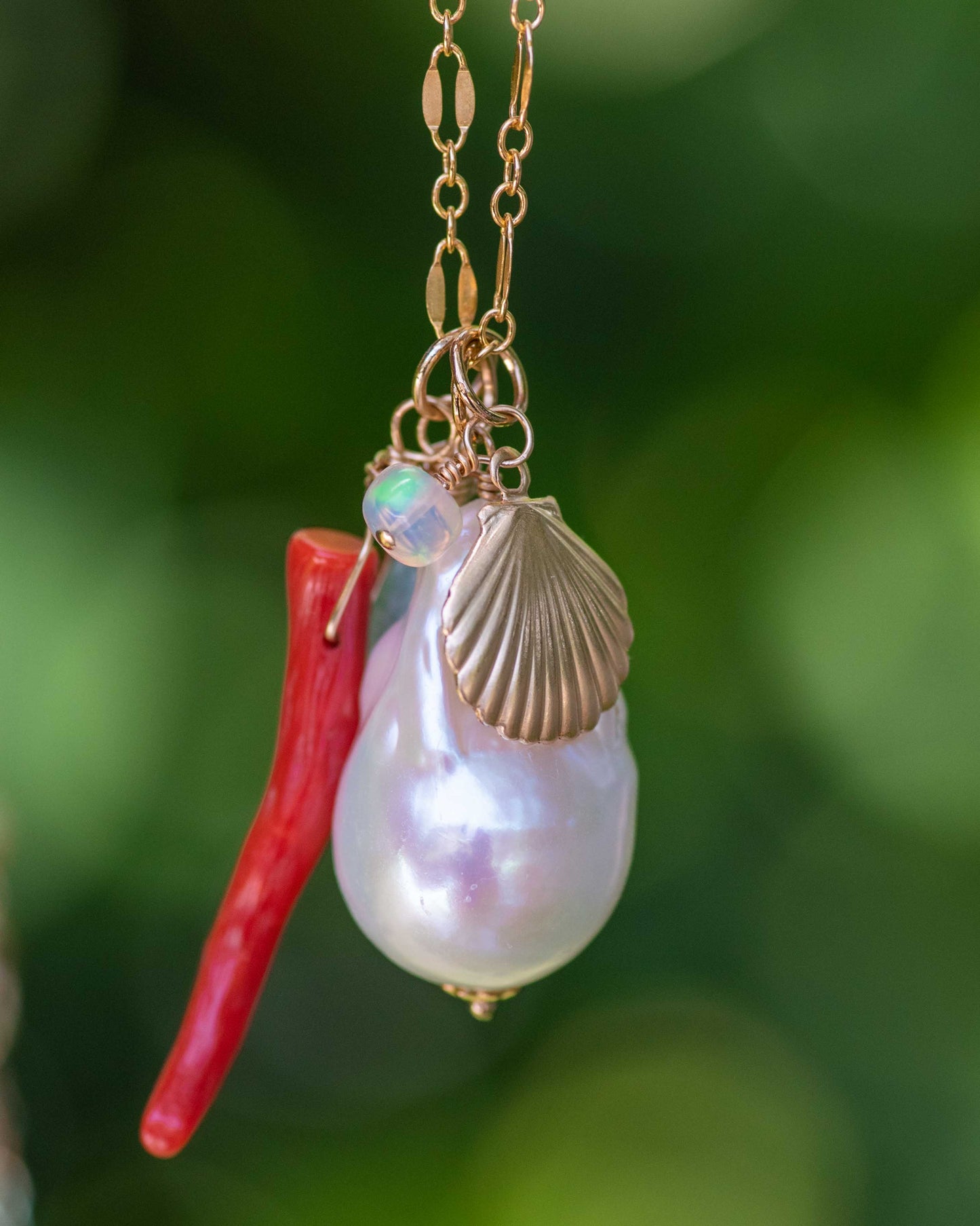 Large Baroque Pearl Coral Seashell Charm Necklace