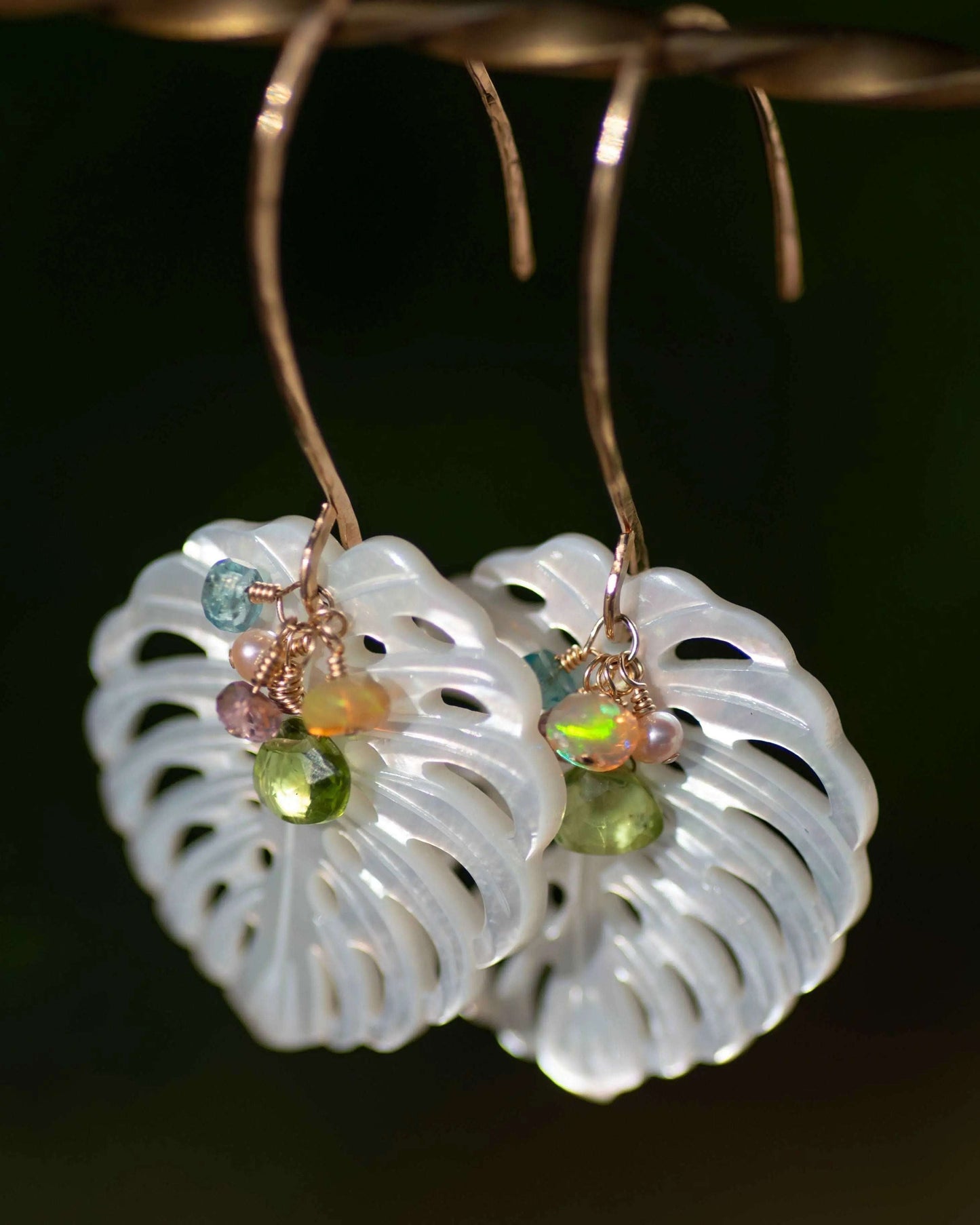 Mother of Pearl Monstera Peridot Gemstone Earrings