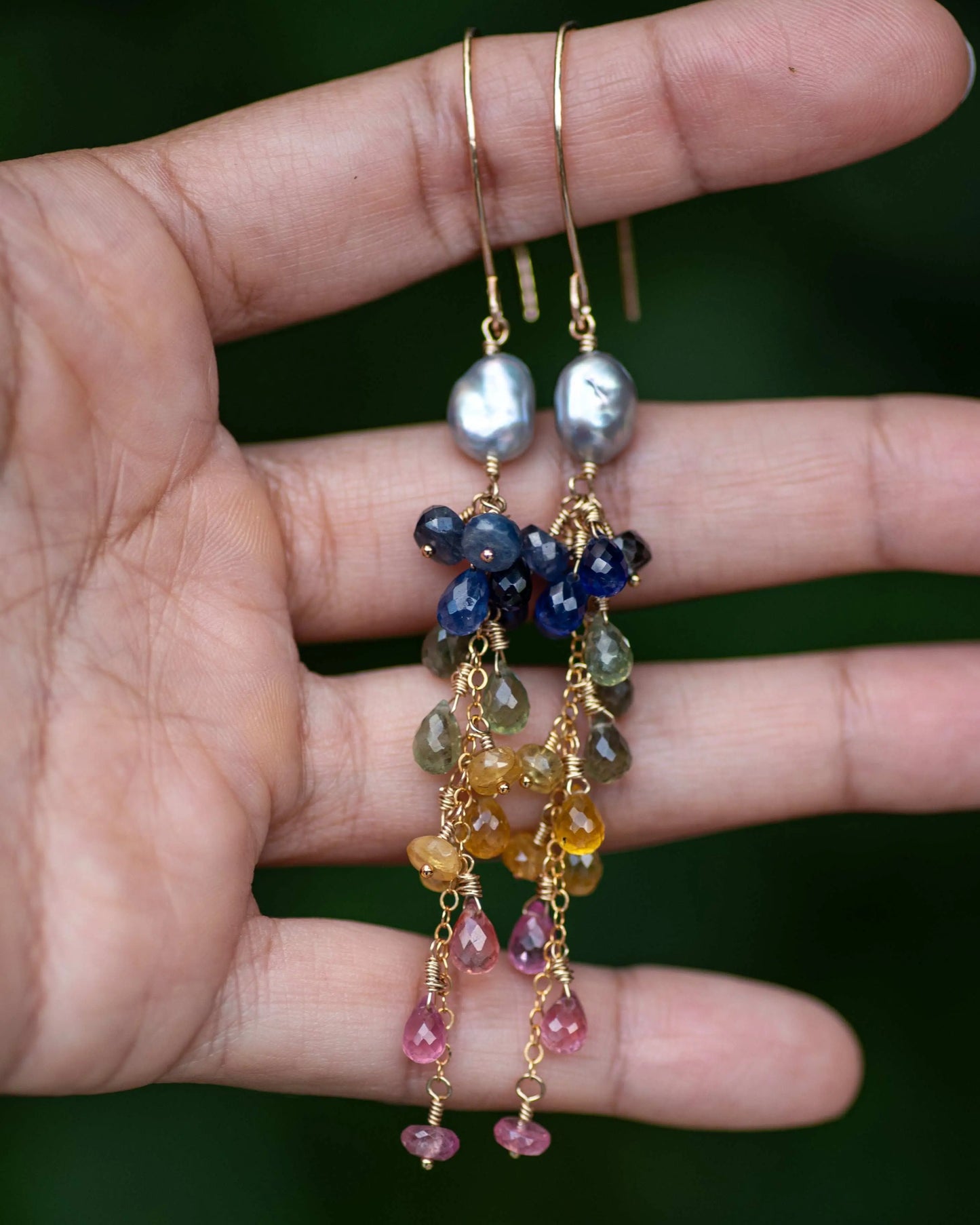 Keshi Pearl Rainbow Sapphire Dangle Earrings