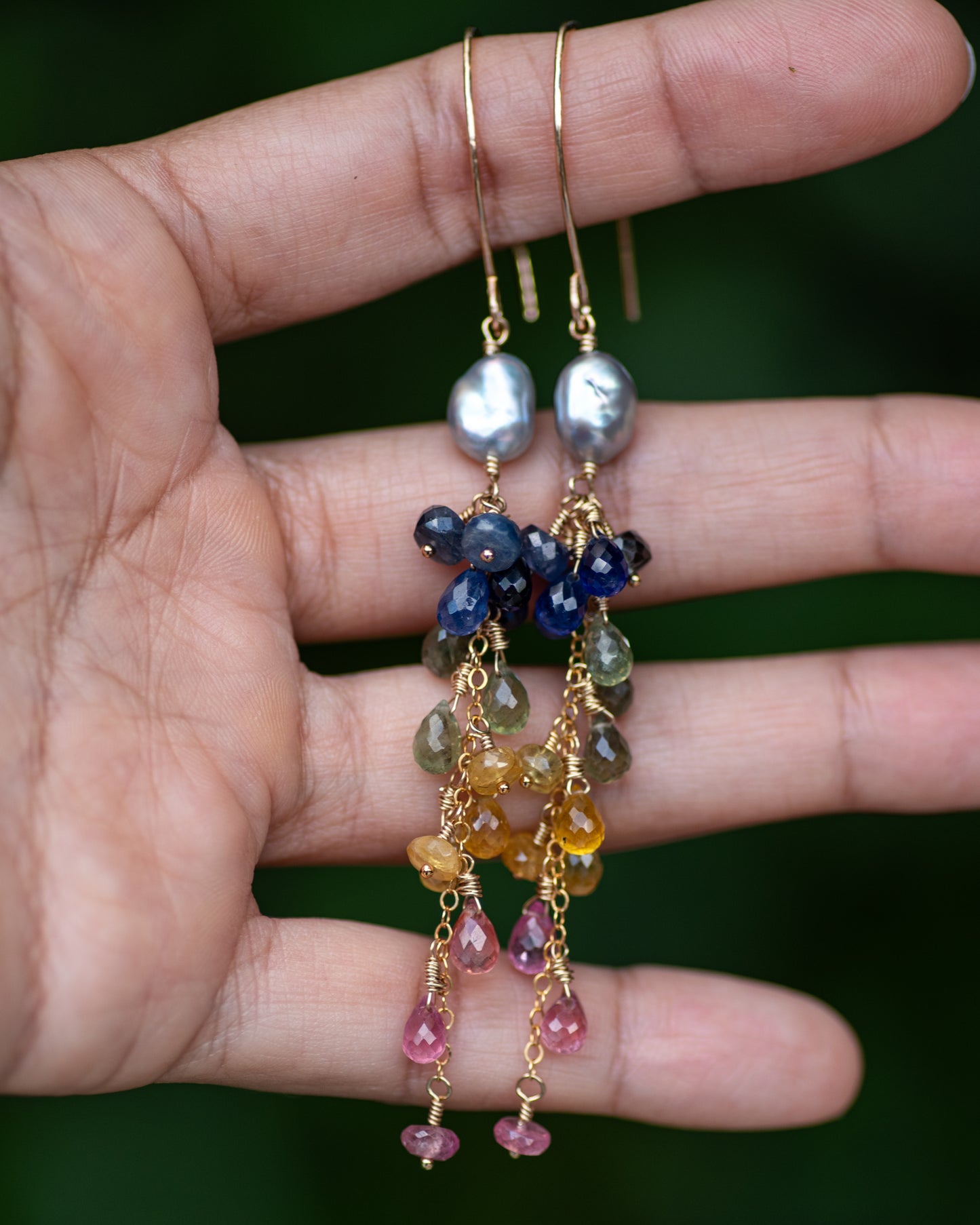 Gray Keshi Rainbow Sapphire Dangle Earrings