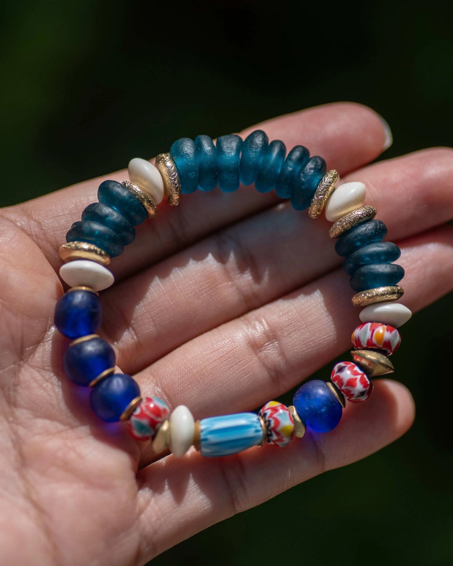 Deep Teal & Blue African Glass Beaded Bracelet