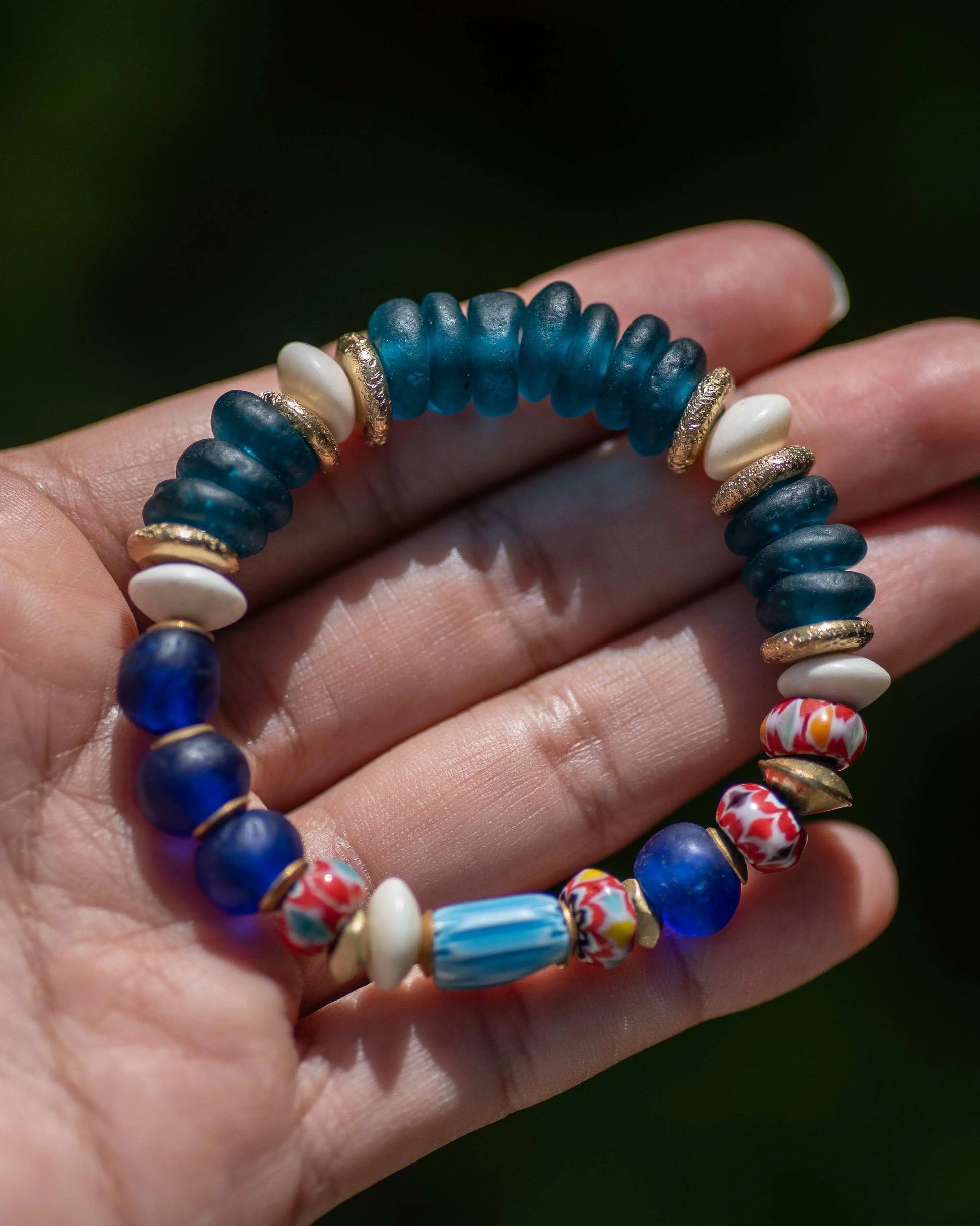 Deep Teal & Blue African Glass Beaded Bracelet