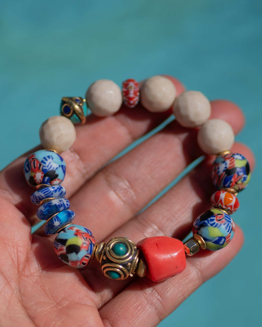 Coral & African Glass Tibetan Beaded Bracelet