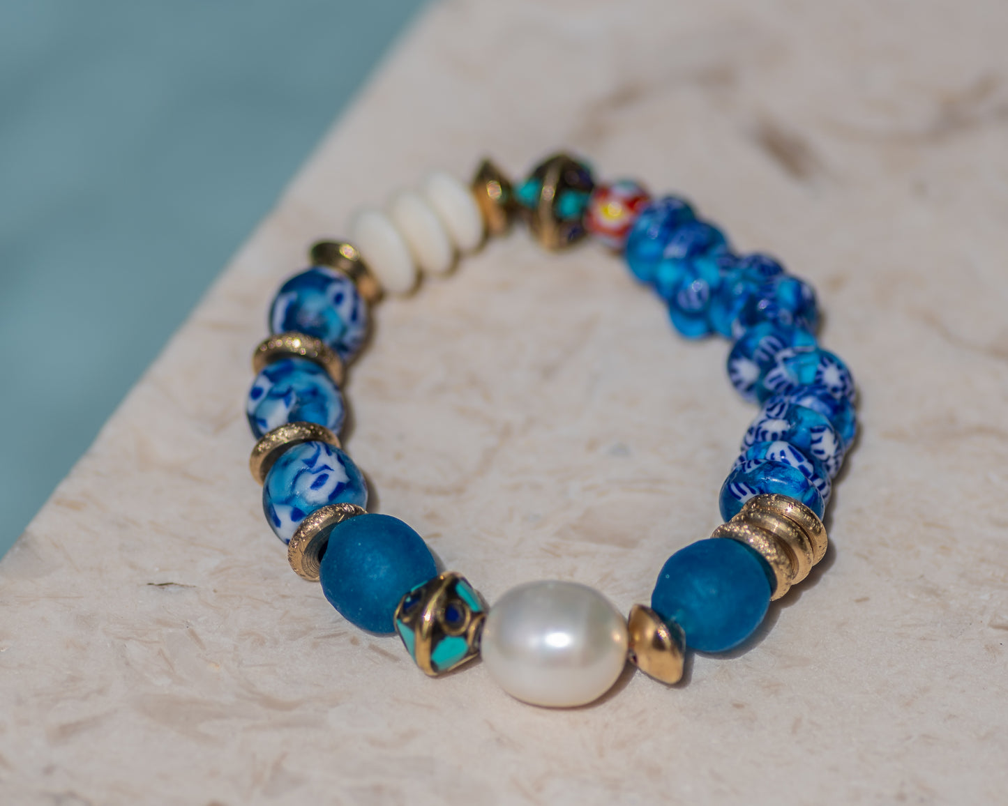 Blue & White African Glass Single Pearl Bracelet