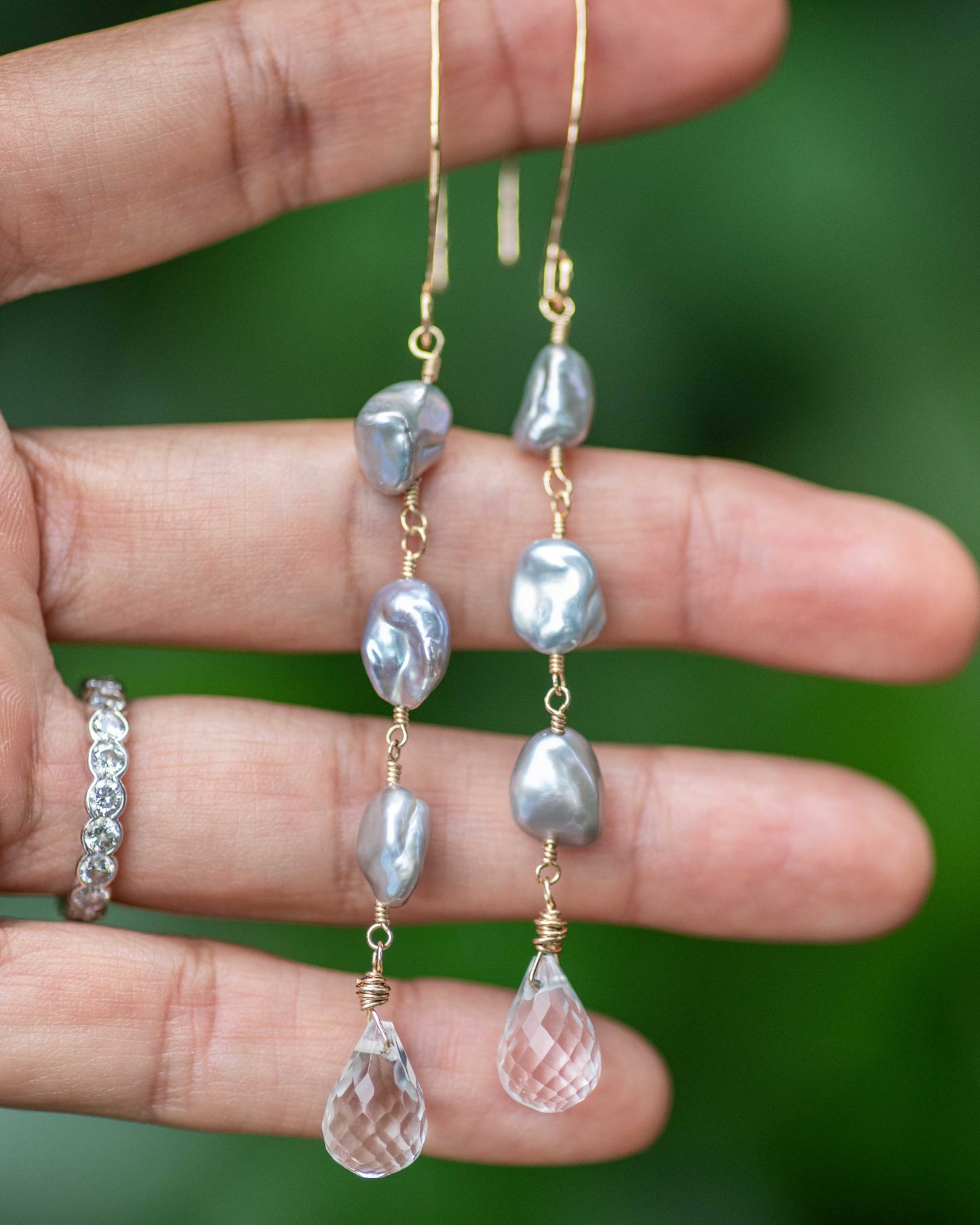 Gray Keshi & Crystal Quartz Earrings