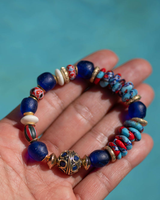 Lapis Tibetan Bead & Cobalt African Glass Bracelet