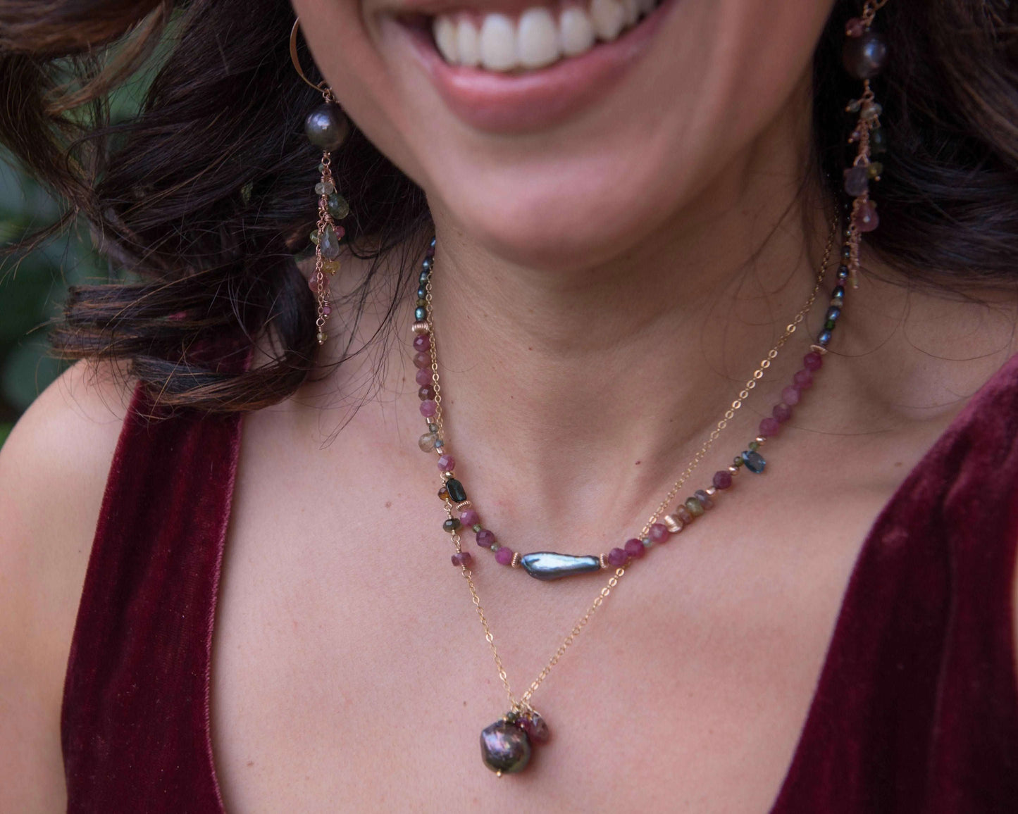 Peacock Pearl & Tourmaline Pendant Necklace