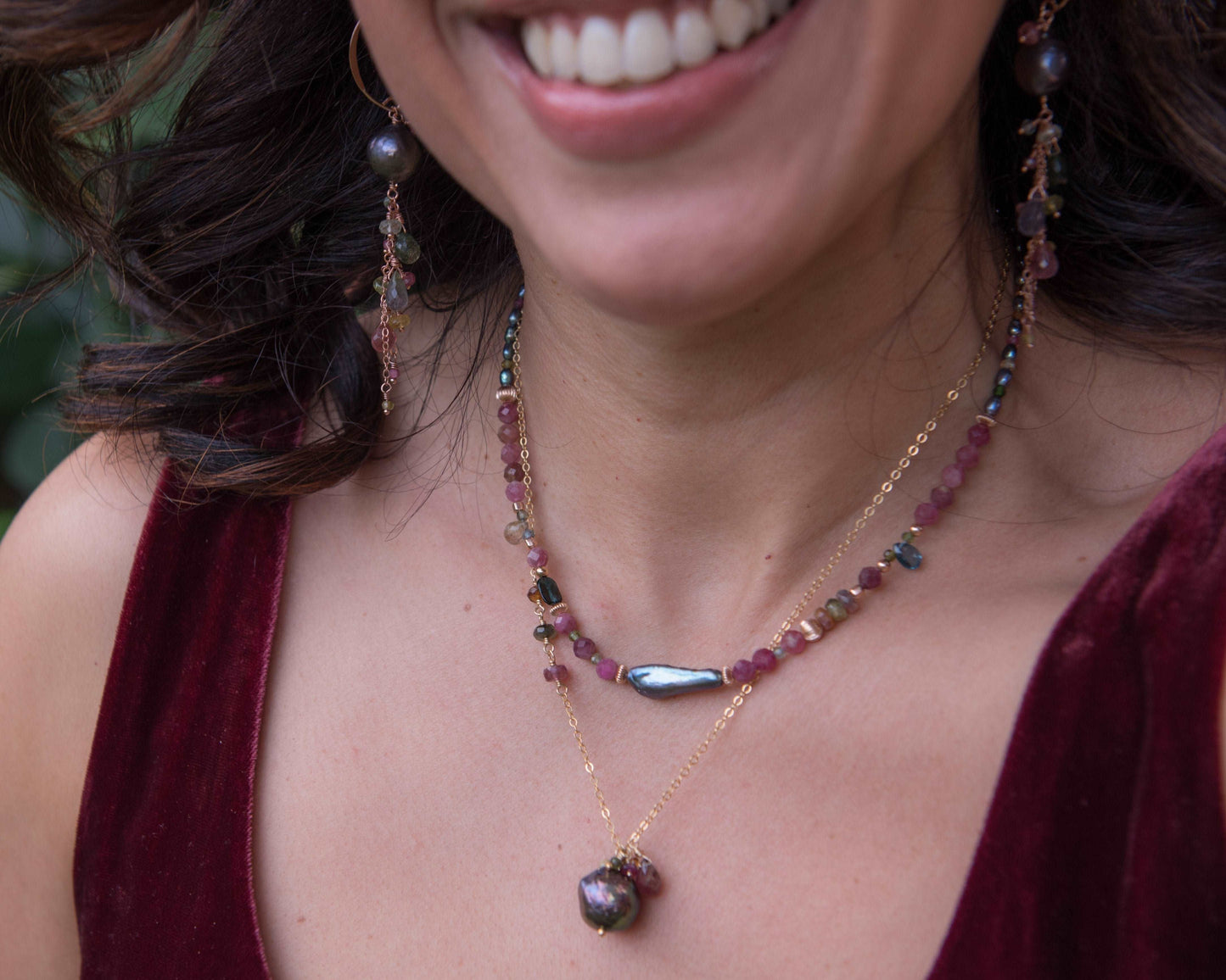 Peacock Pearl & Tourmaline Pendant Necklace