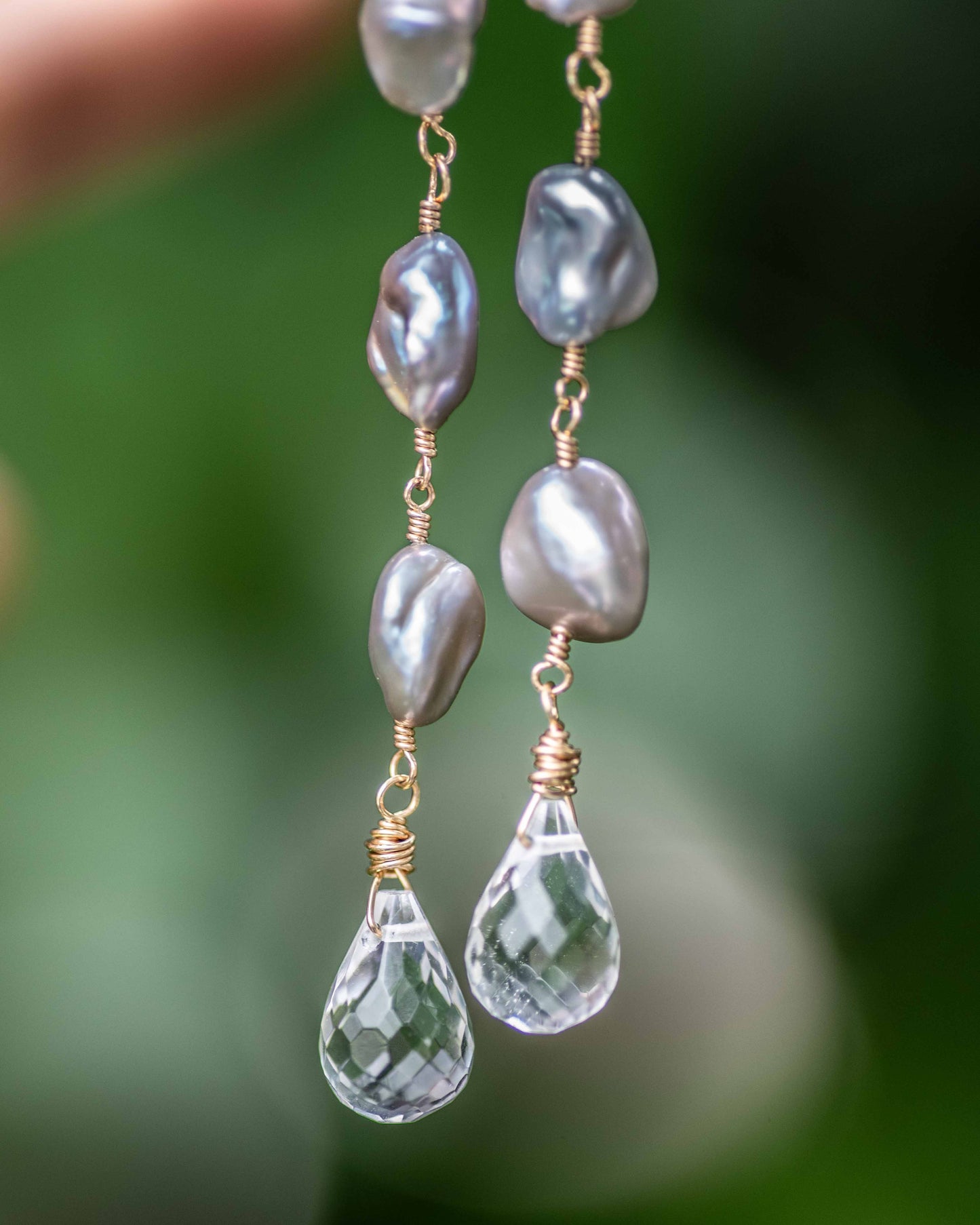 Gray Keshi & Crystal Quartz Earrings