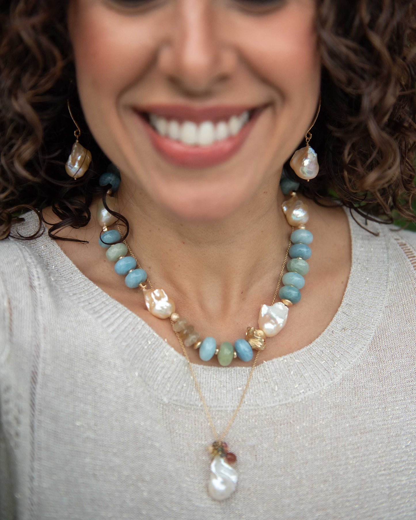 Large Aquamarine & Baroque Pearl Statement Necklace