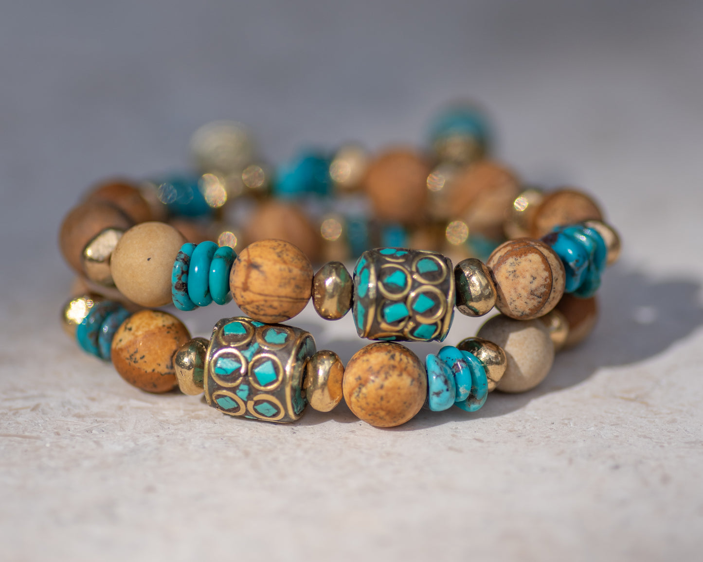 Picture Jasper & Genuine Turquoise Brass Bracelet