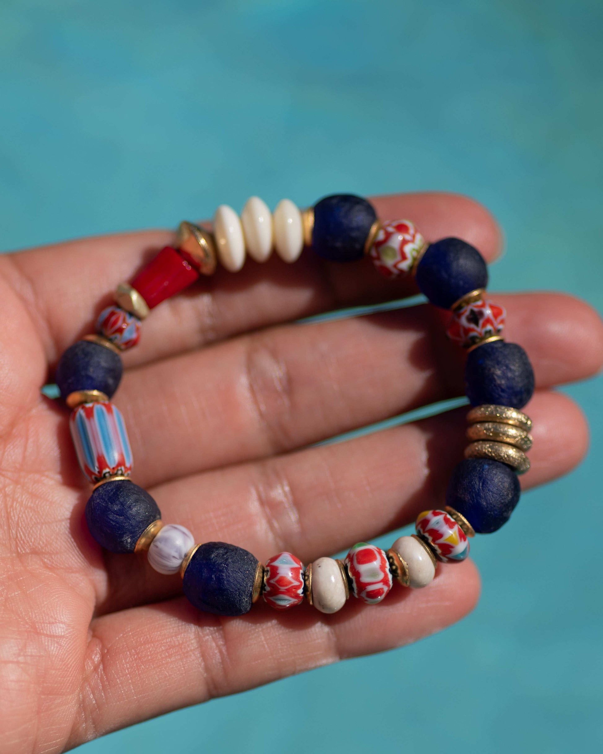 Navy Blue Glass & Coral Beaded Bracelet