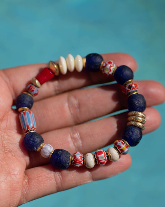 Navy Blue Glass & Coral Beaded Bracelet