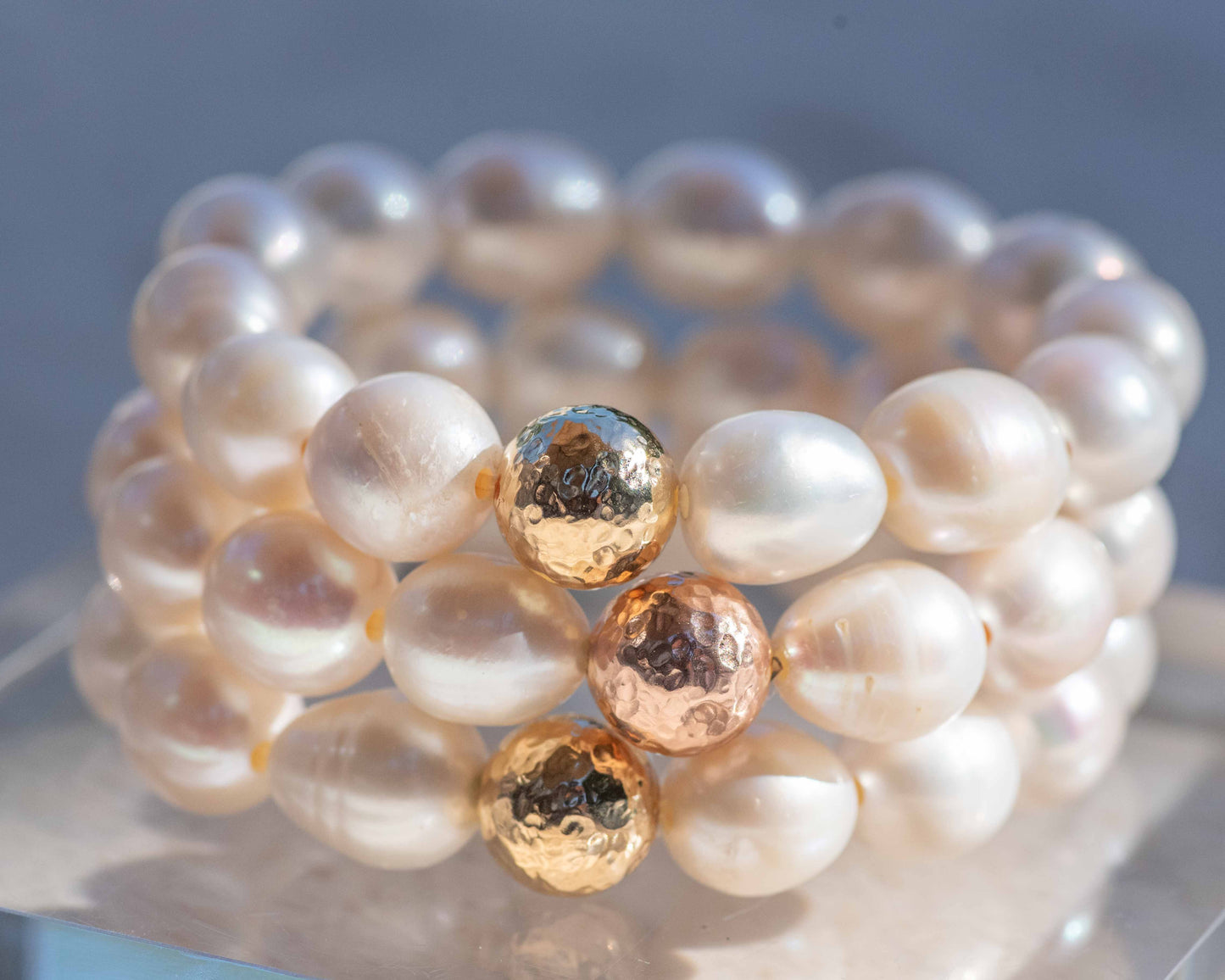 large 12mm pearl beaded bracelet with gold bead