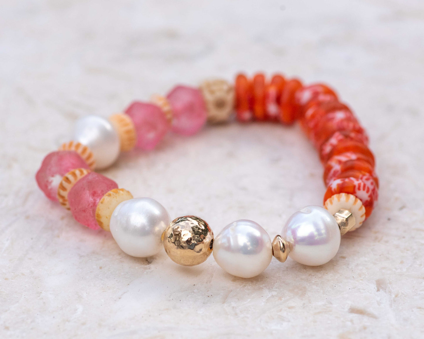 Pink & Orange African Glass & Baroque Pearl Single Beaded Bracelet
