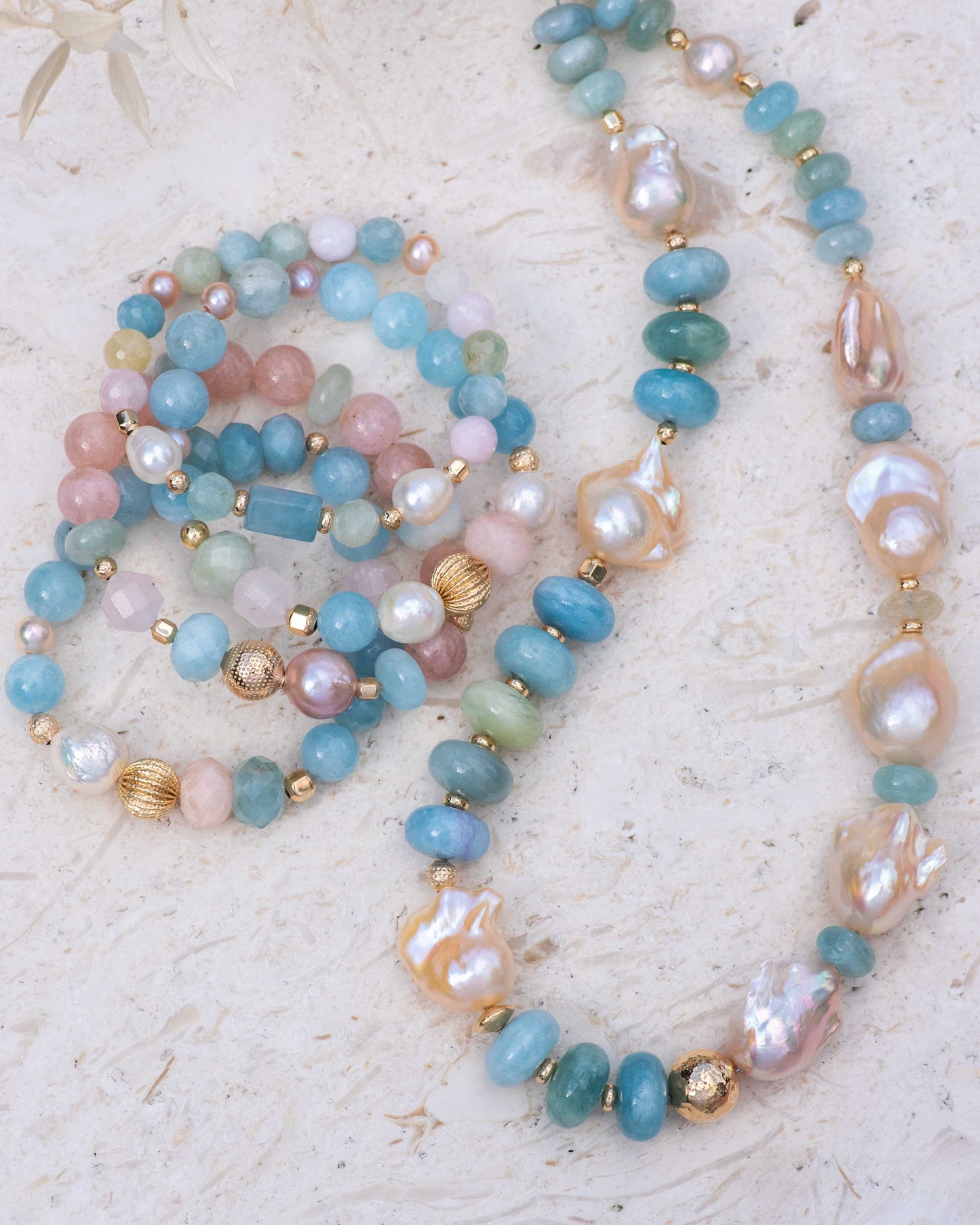 Aquamarine & Baroque Pearl Half & Half Statement Necklace