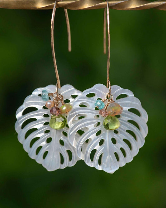 Mother of Pearl Monstera Peridot Gemstone Earrings