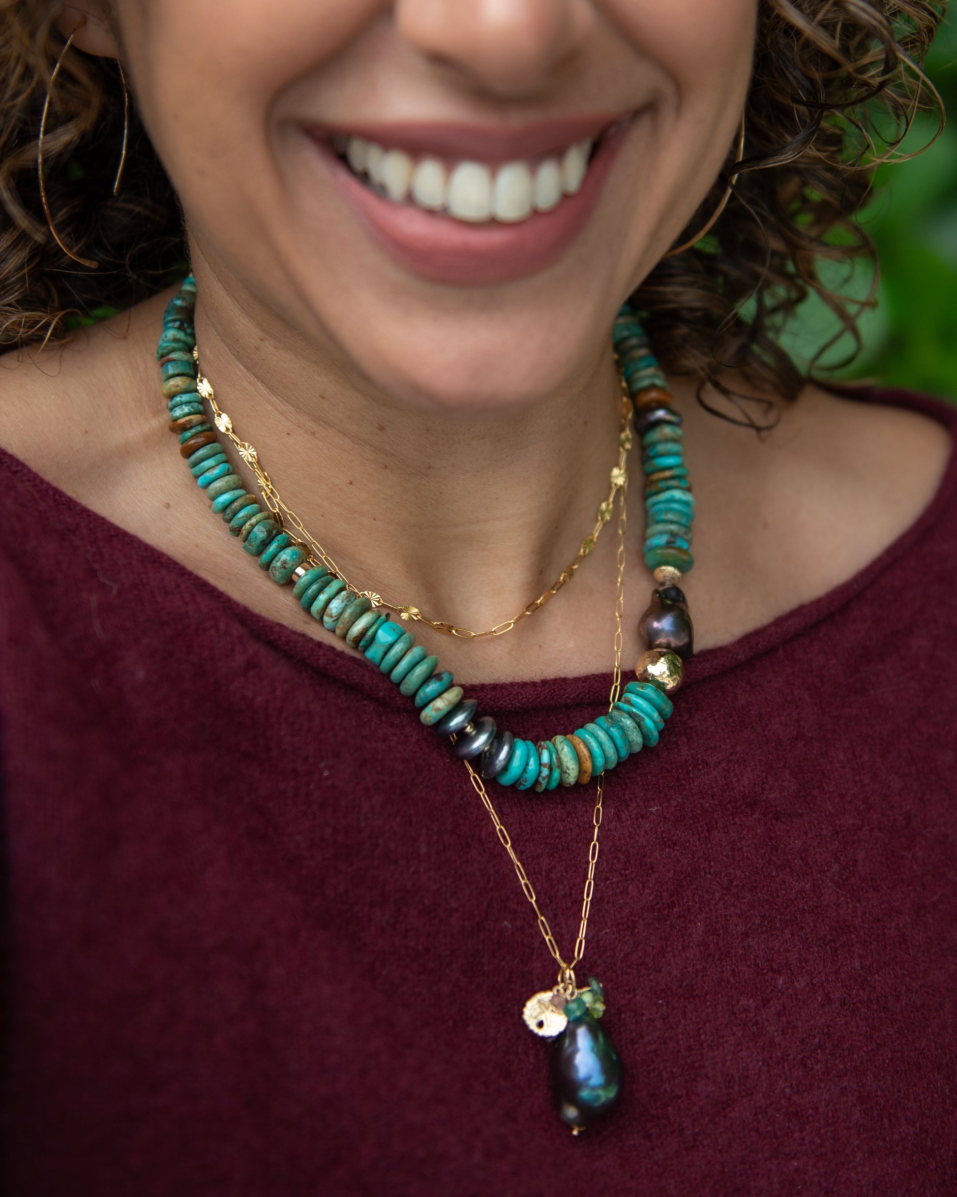 Turquoise Disc & Peacock Pearl Statement Necklace Vida Jewelry Designs