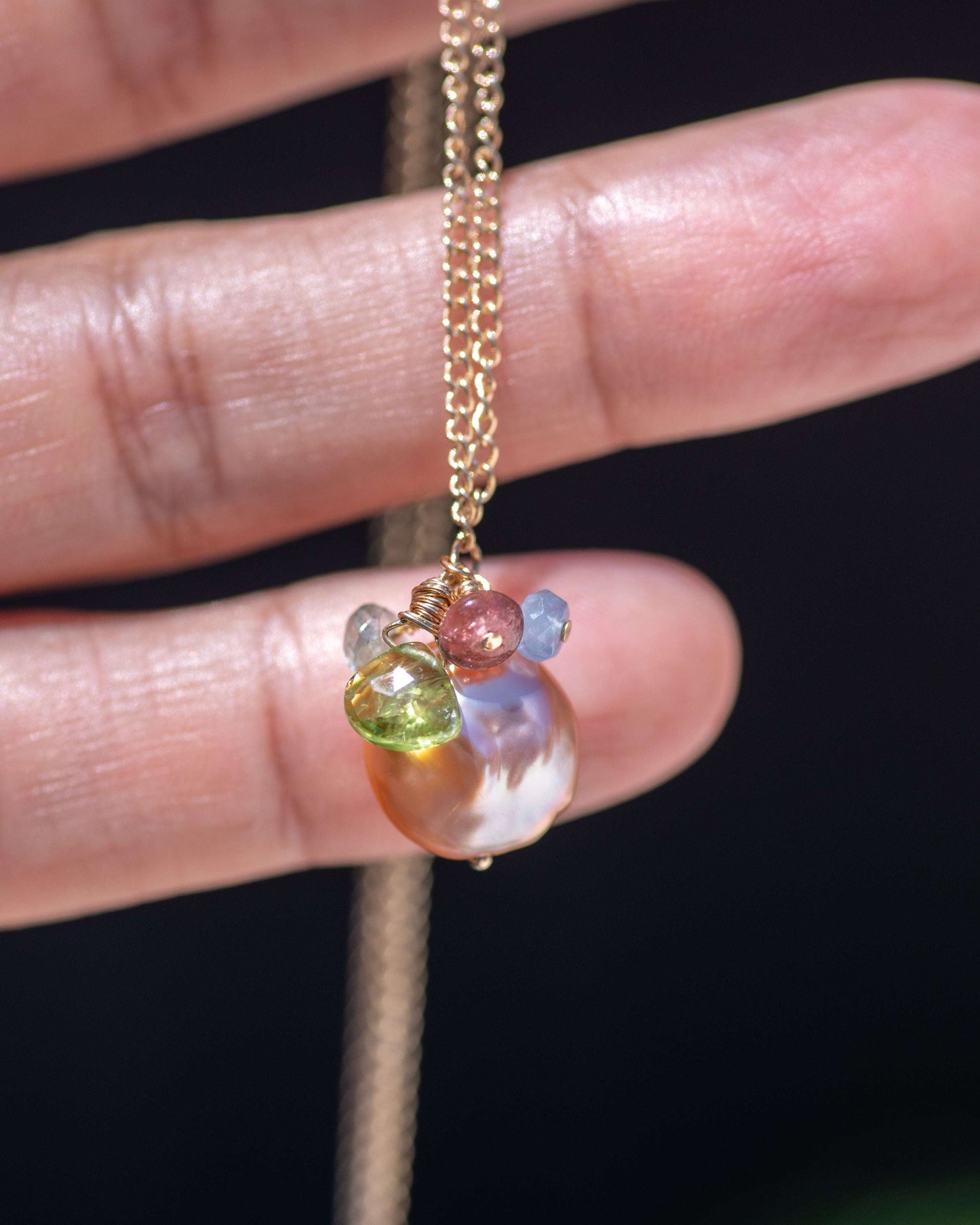 Peach Coin Pearl Gemstone Cluster Necklace Vida Jewelry Designs