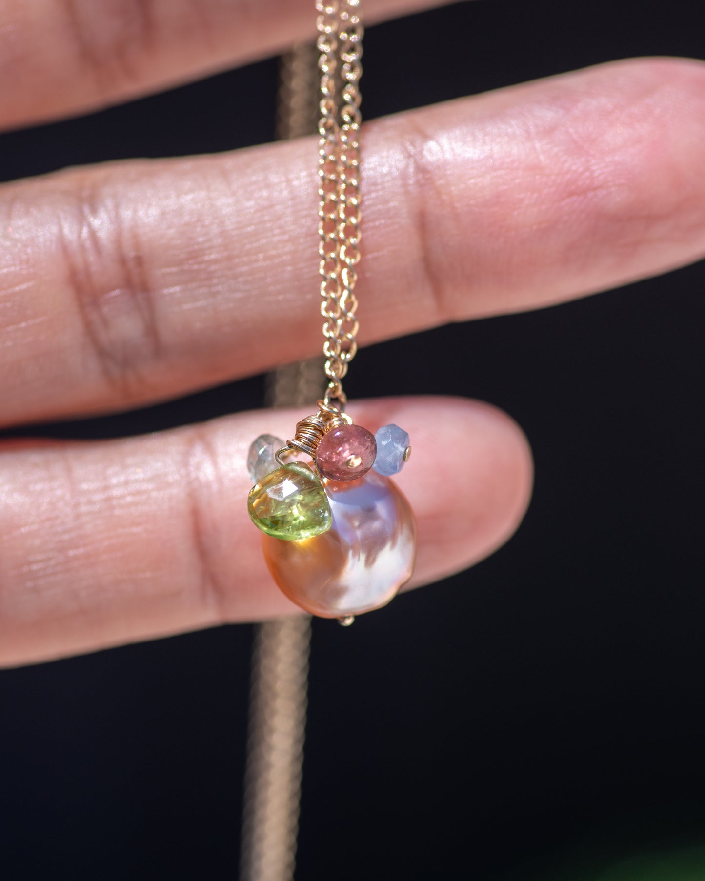 Peach Coin Pearl Gemstone Cluster Necklace Vida Jewelry Designs