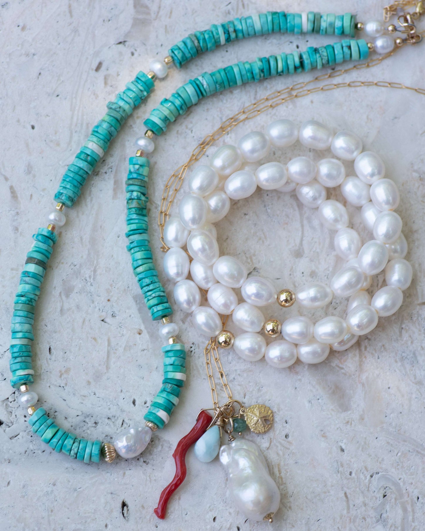 Turquoise and Pearl Heshi Beaded Necklace