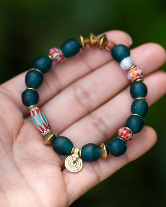 Deep Teal African Glass Charm Bracelet