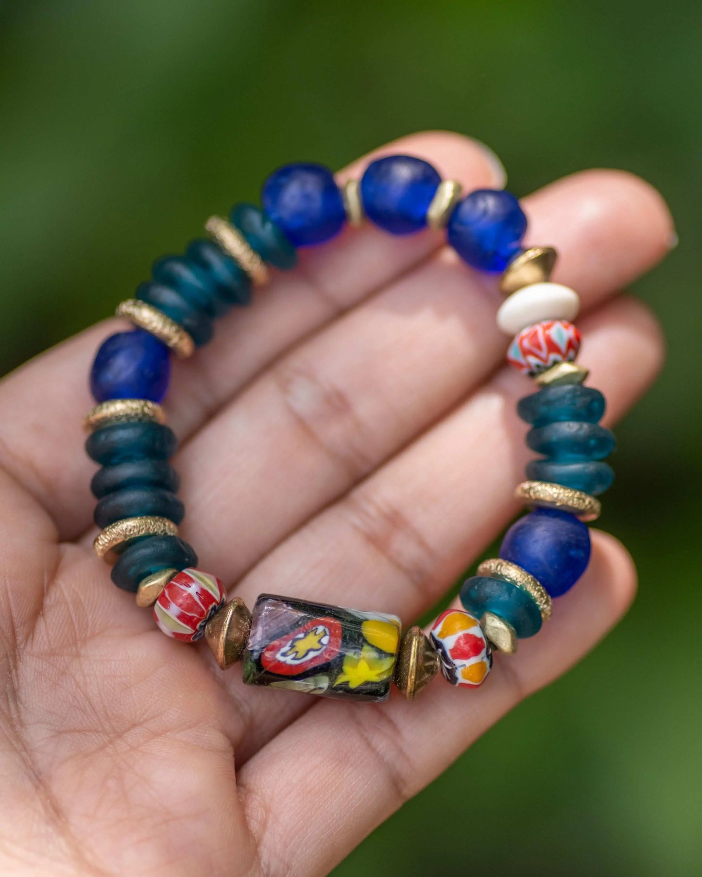 Millefiori & Teal Glass Beaded Bracelet