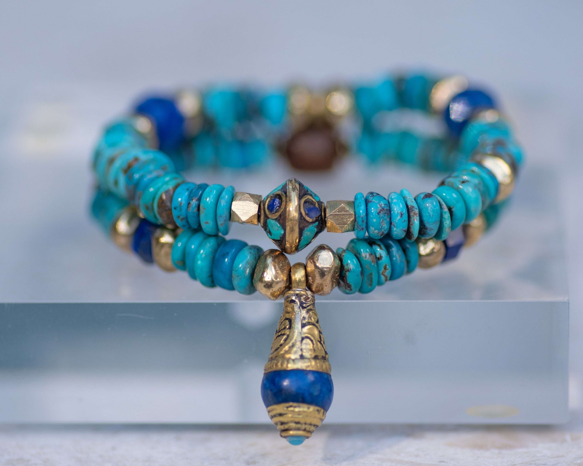 Genuine Turquoise & Lapis Brass Beaded Bracelet