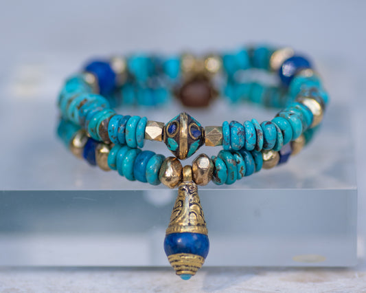 Genuine Turquoise & Lapis Brass Beaded Bracelet