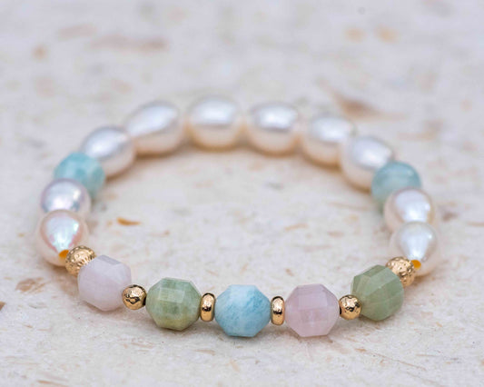 Freshwater Pearl & Morganite Prism Gemstone Bracelet