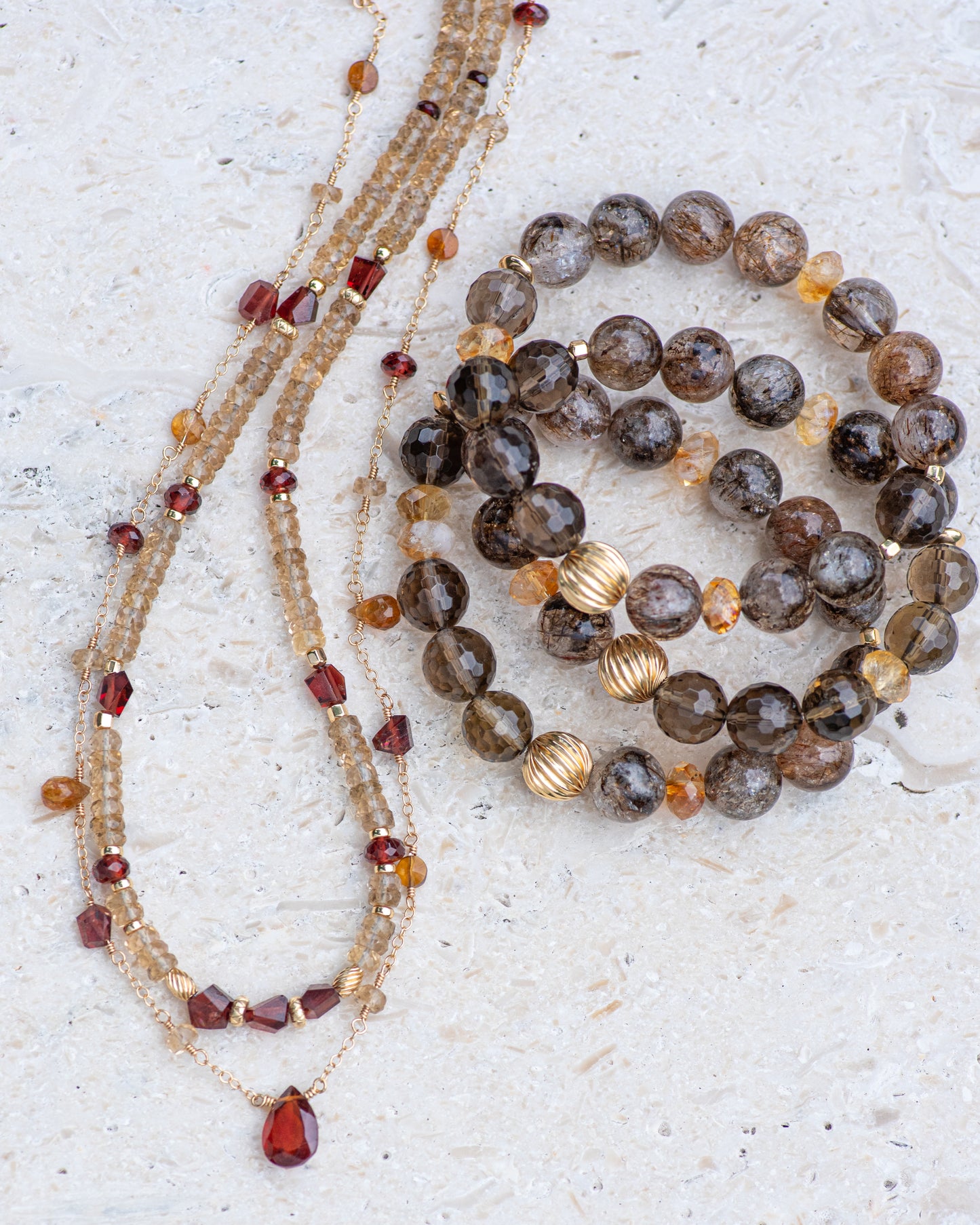 Whiskey Quartz & Garnet Beaded Gemstone Necklace