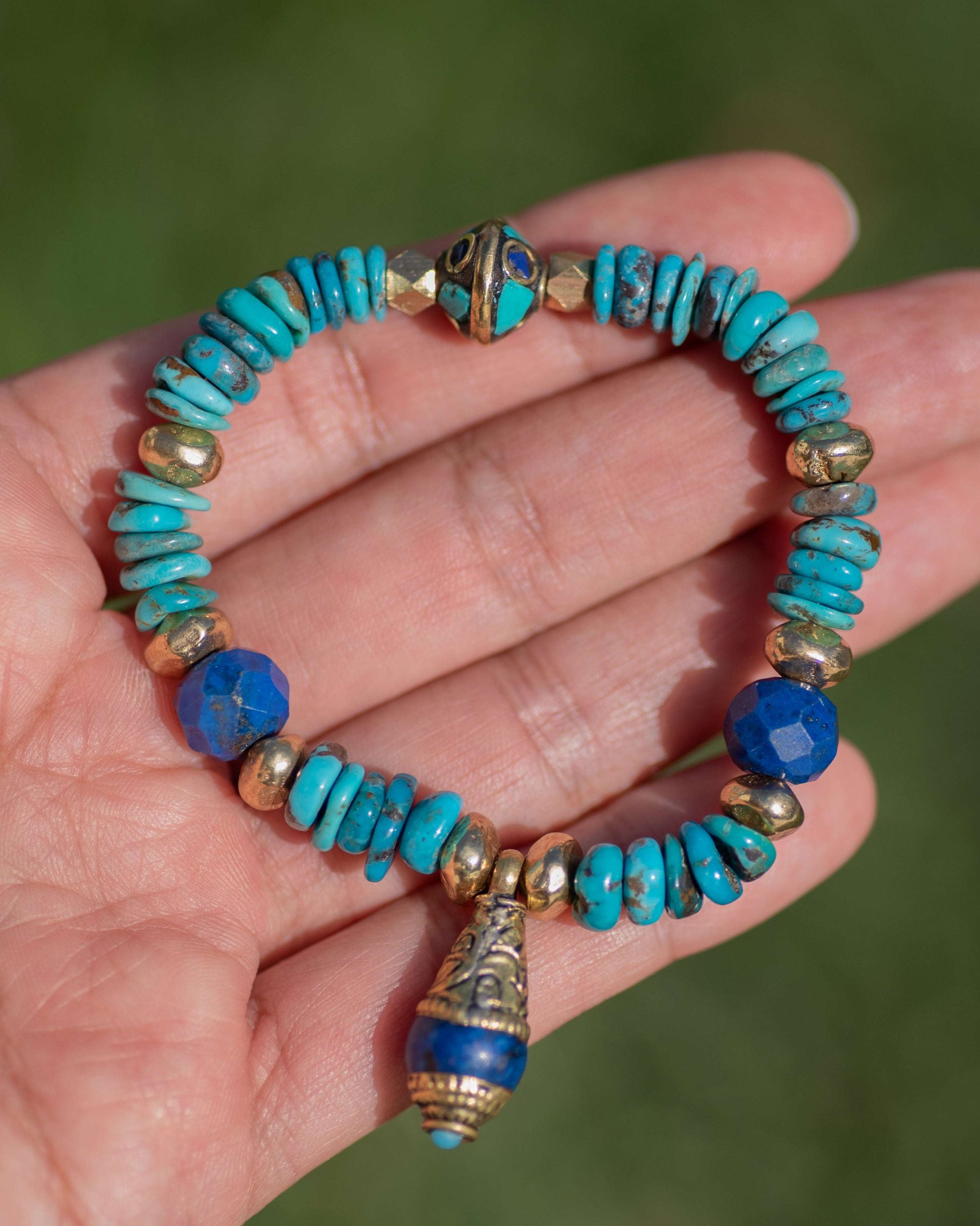 Genuine Turquoise & Lapis Brass Beaded Bracelet