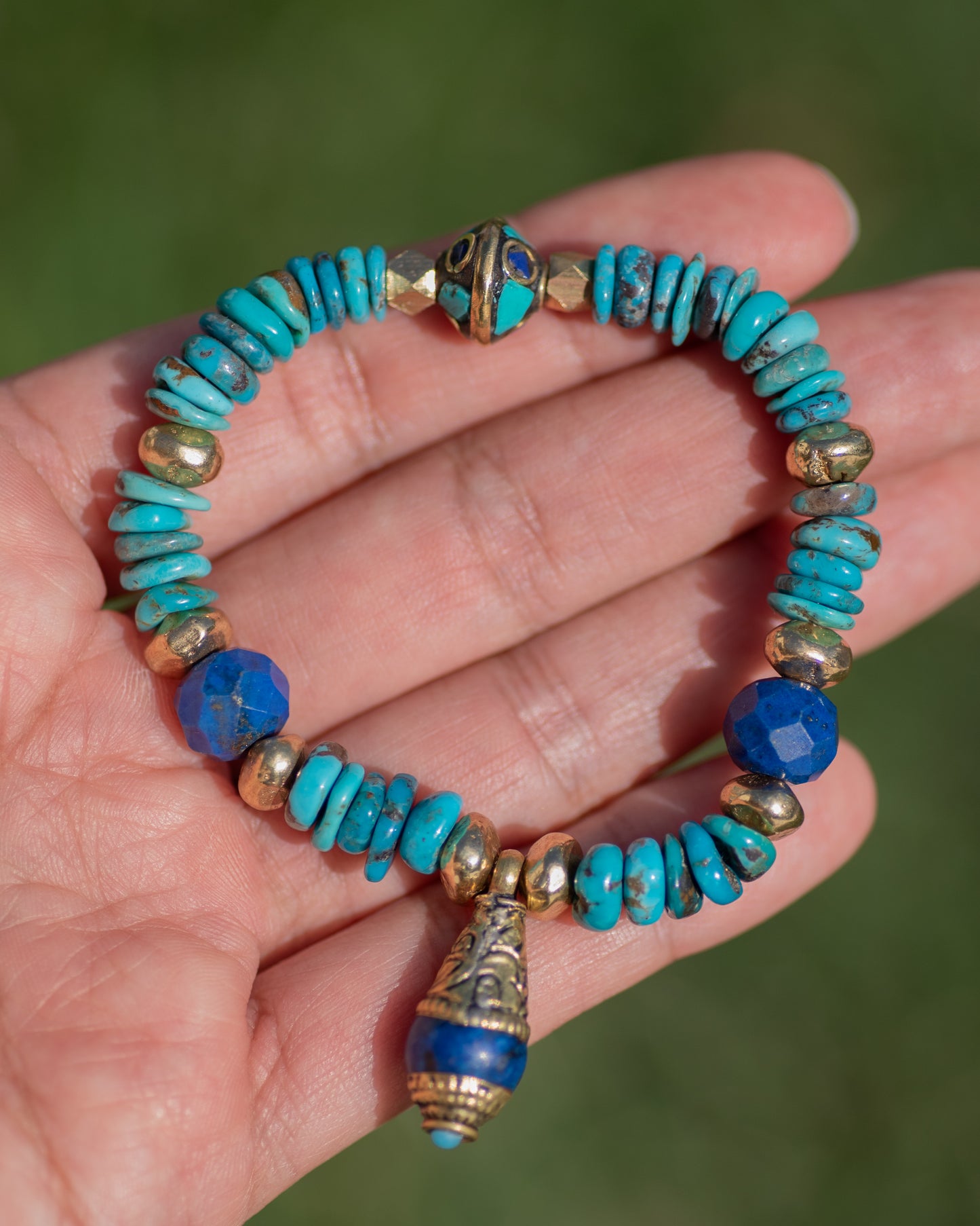 Genuine Turquoise & Lapis Brass Beaded Bracelet