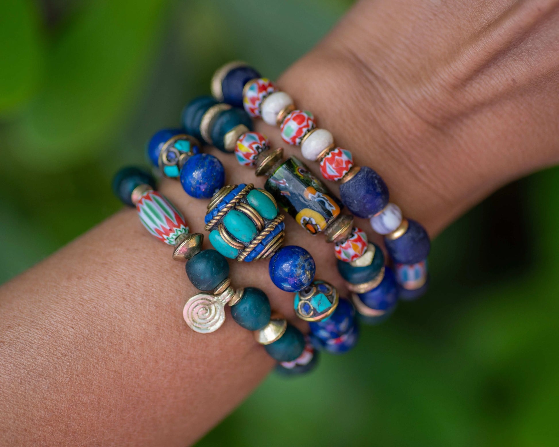 Deep Teal & Blue African Glass Beaded Bracelet
