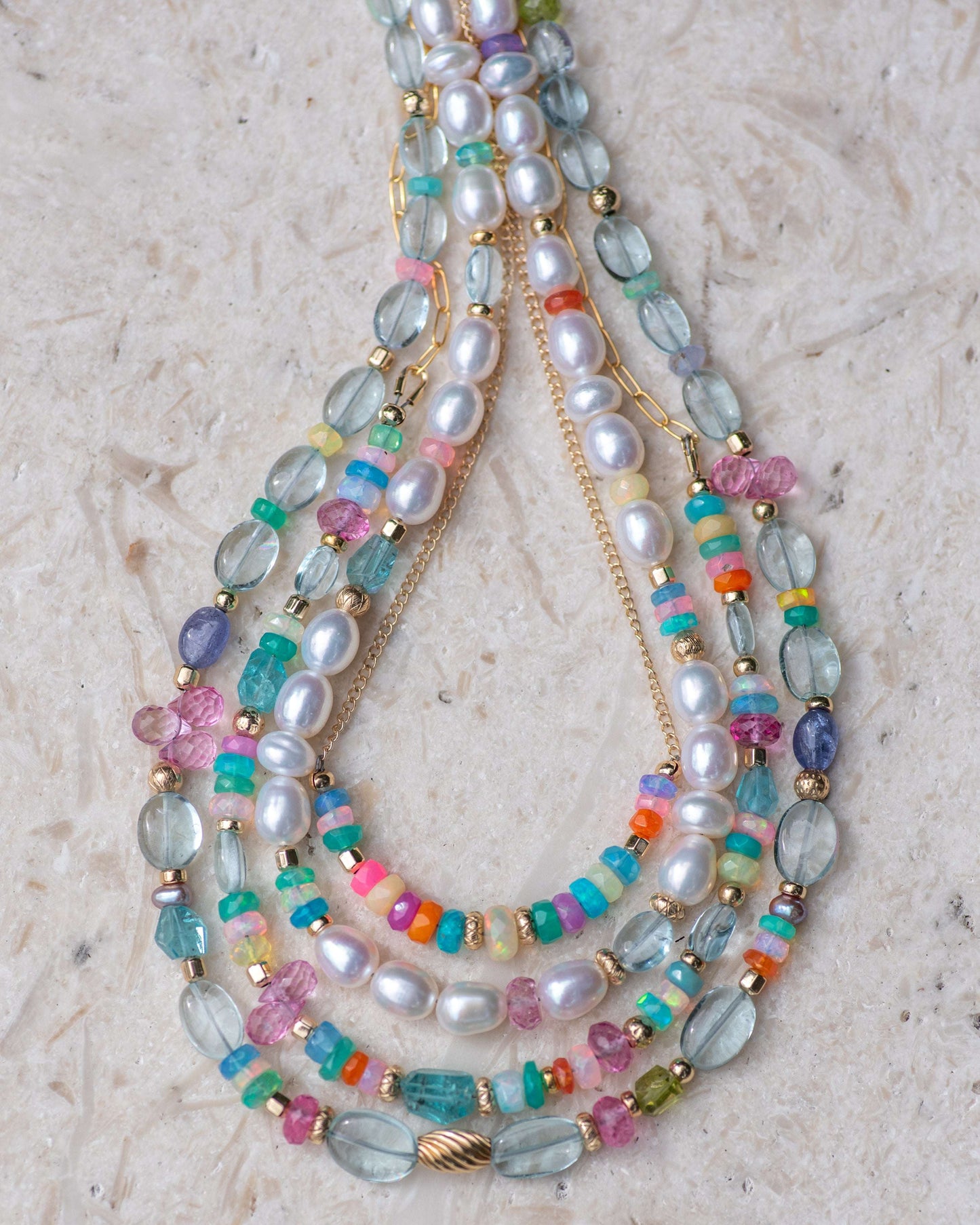 Aquamarine & Opal Colorful Multi Gemstone Necklace