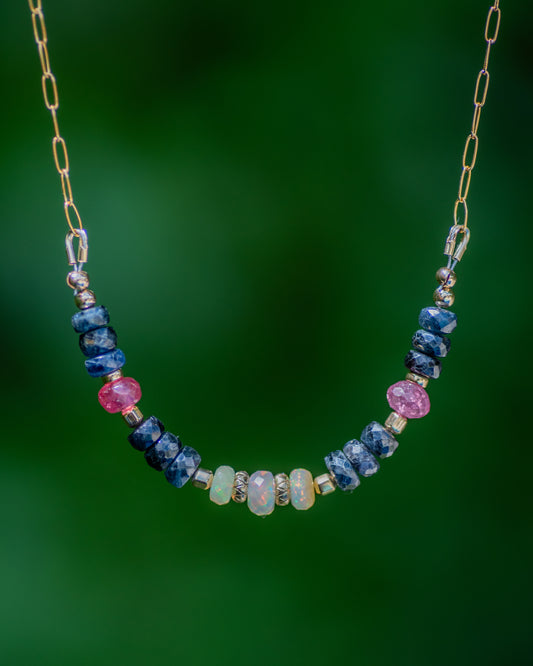 Blue Sapphire & Opal Gemstone Bar Necklace