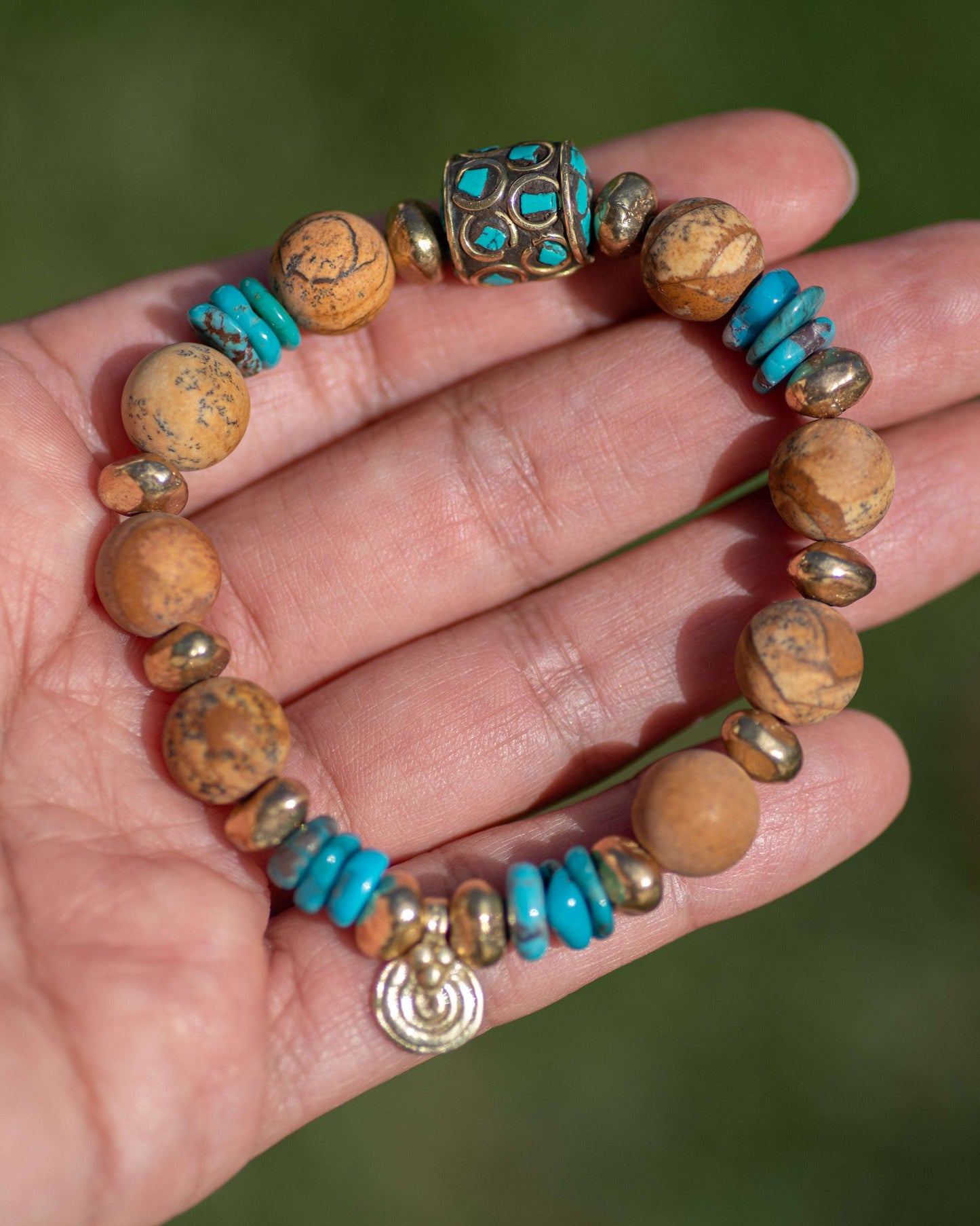Picture Jasper & Genuine Turquoise Brass Bracelet
