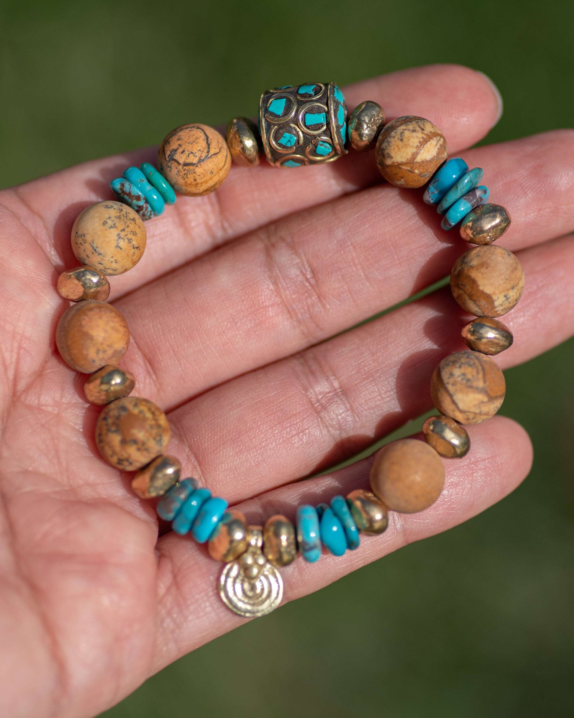 Picture Jasper & Genuine Turquoise Brass Bracelet