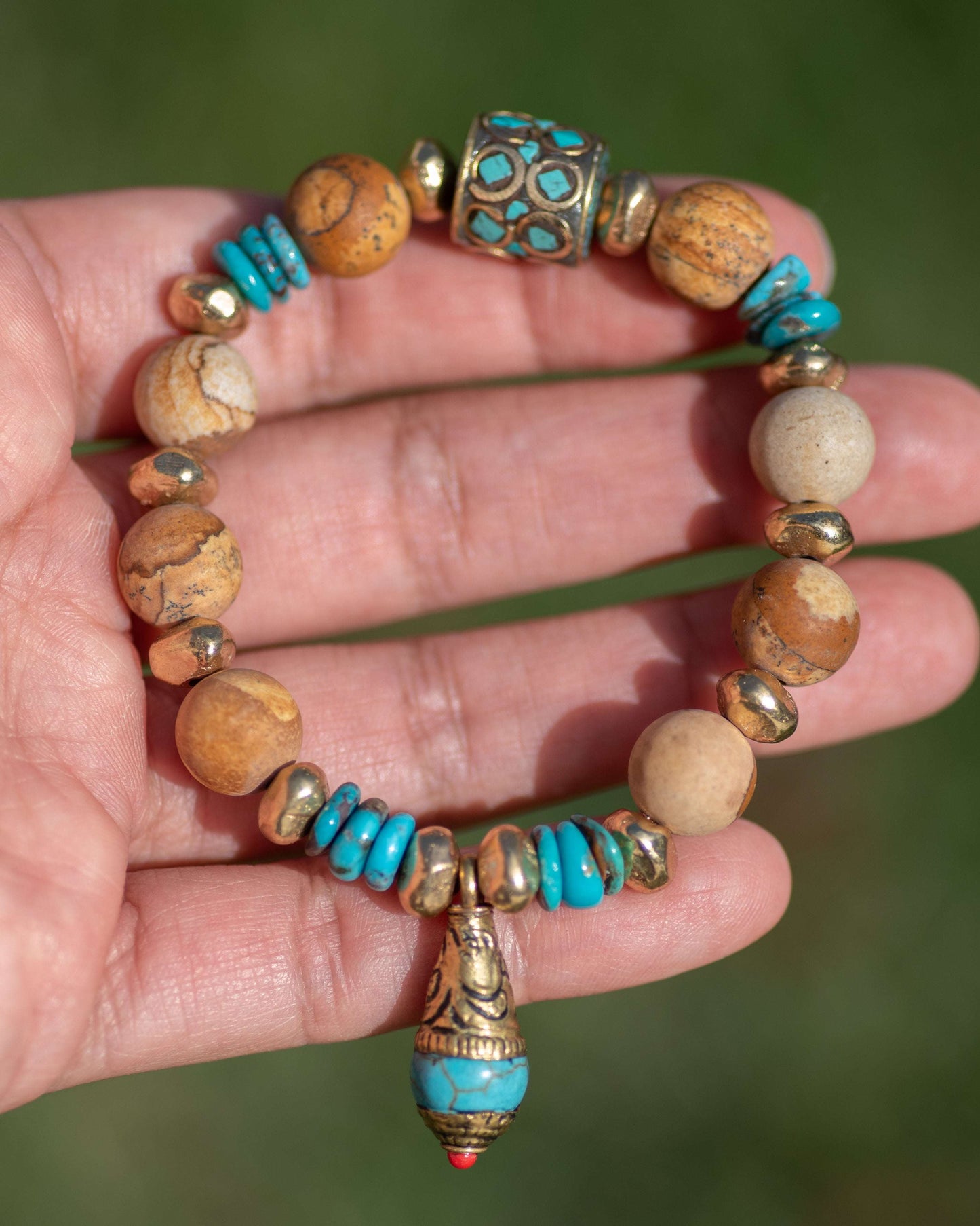 Picture Jasper & Genuine Turquoise Brass Bracelet