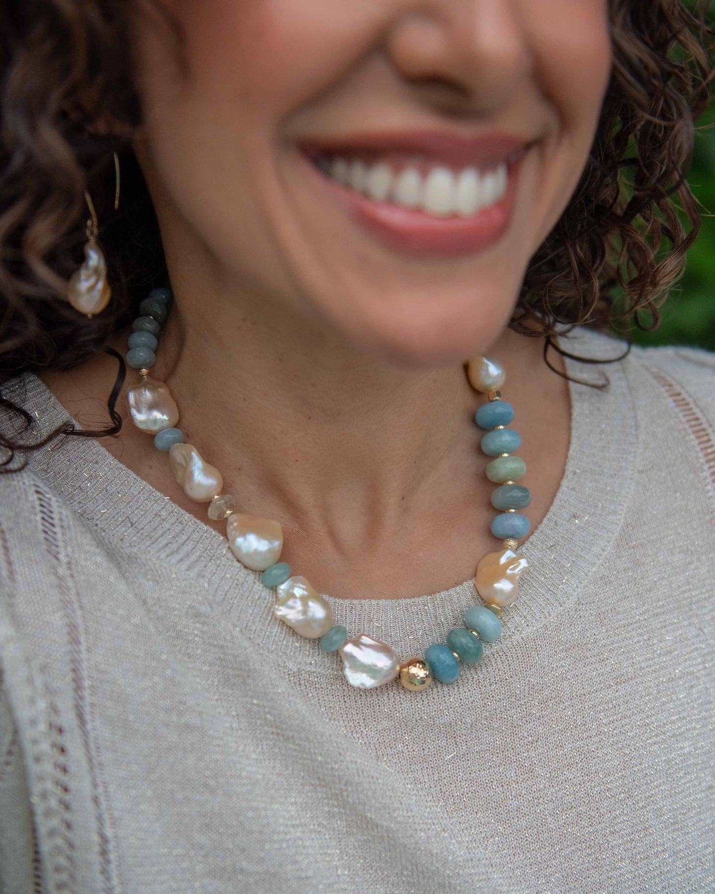aquamarine & baroque pearl statement necklace