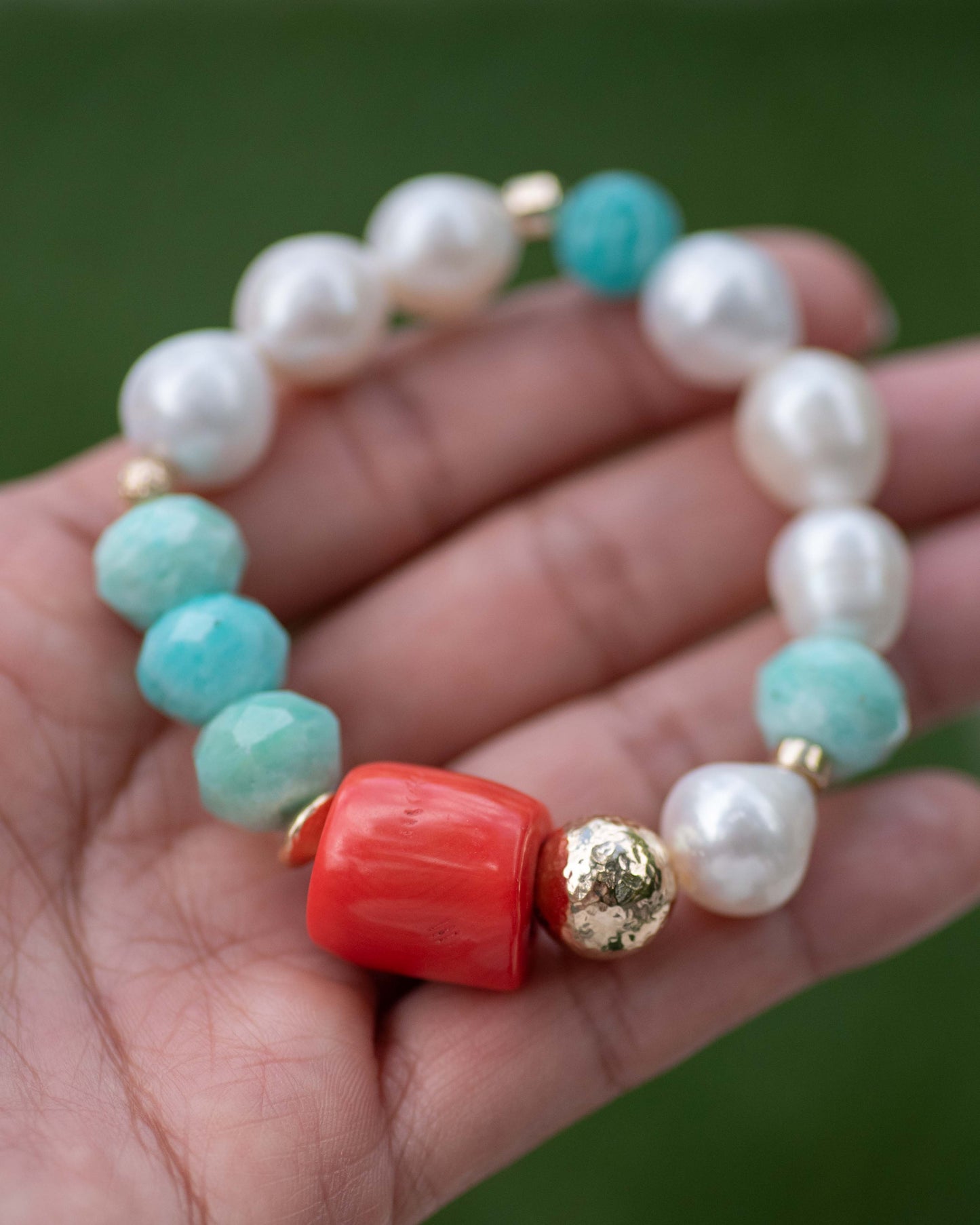 Coral & Amazonite Chunky Pearl Bracelet