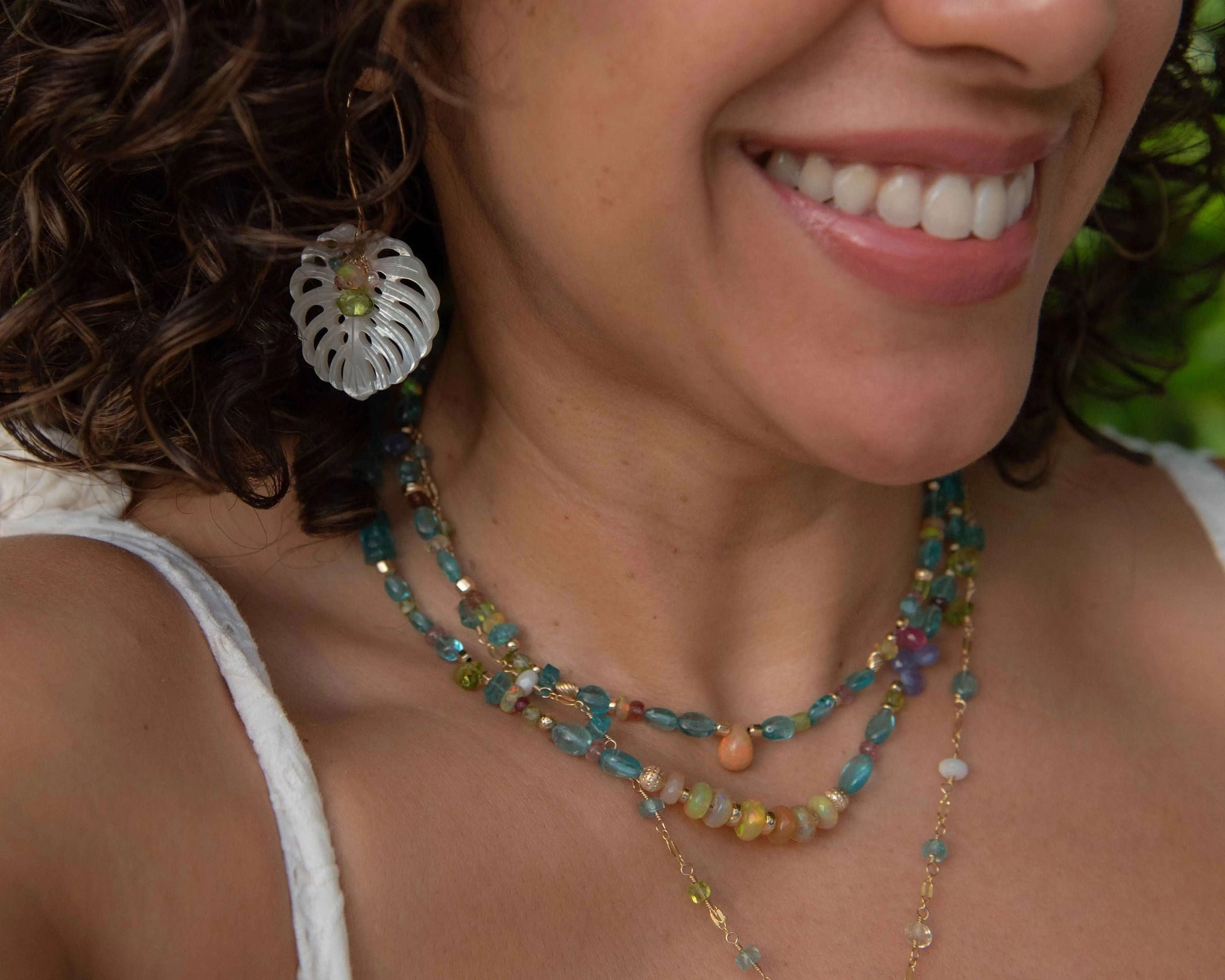 Mother of Pearl Monstera Peridot Gemstone Earrings