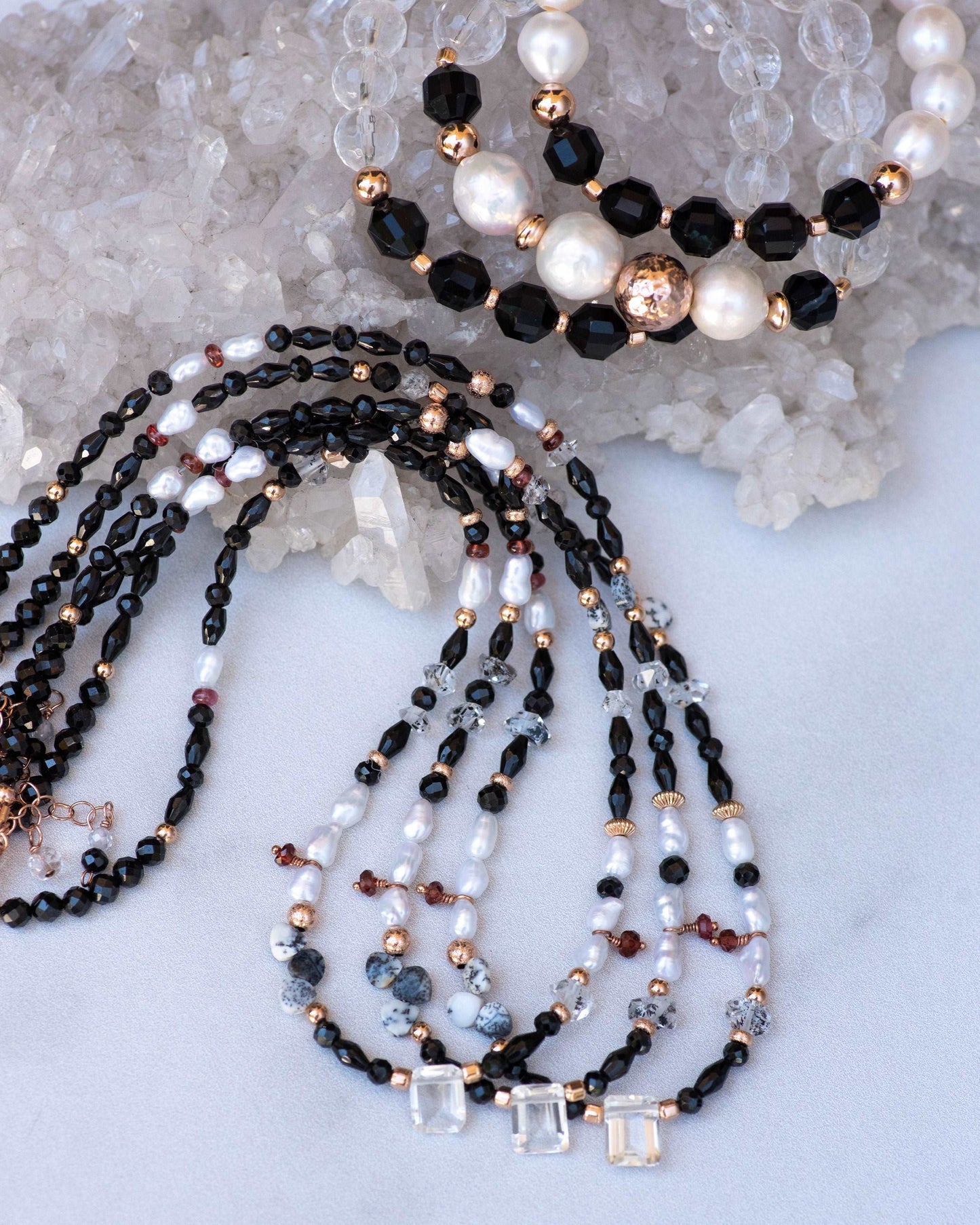 Black Spinel & Freshwater Pearl Gemstone Beaded Necklace