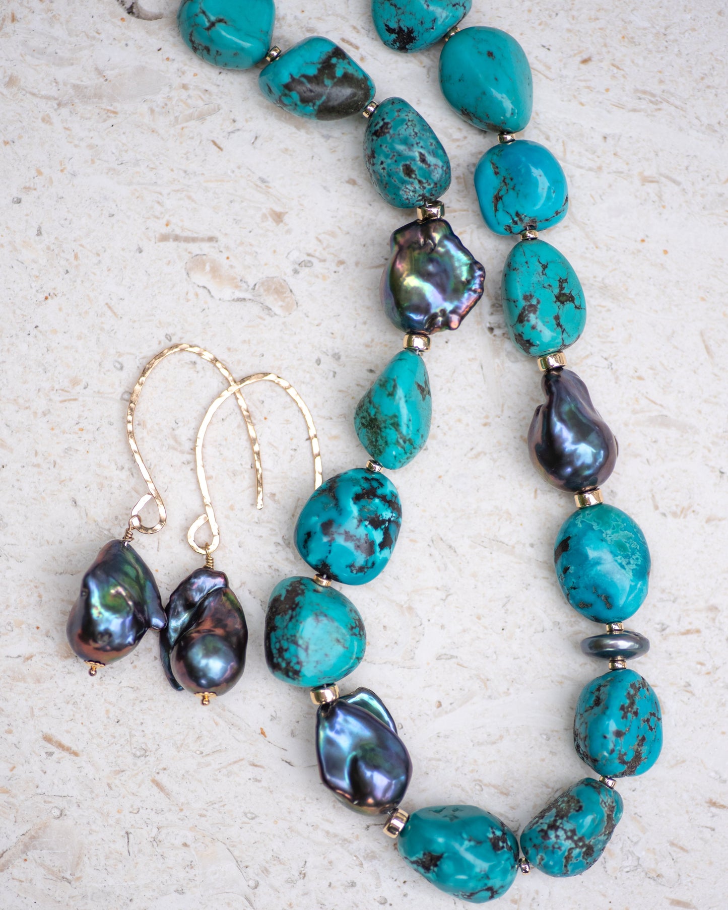Turquoise Nugget & Baroque Peacock Pearl Statement Necklace Vida Jewelry Designs