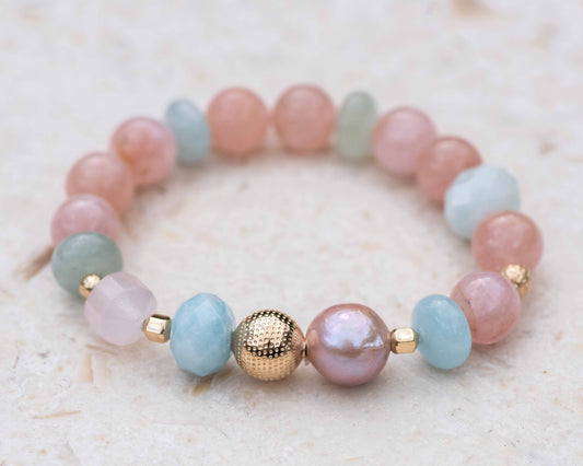 Pink Morganite & Aquamarine Mauve Pearl Gemstone Bracelet
